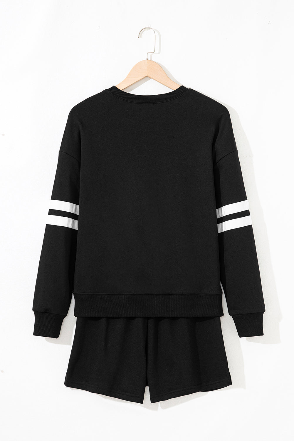Black Varsity Striped Sleeve Drop Shoulder Sweatshirt and Short Set 🇺🇲