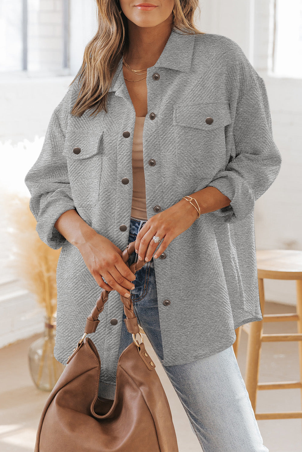 Gray Solid Textured Flap Pocket Buttoned Shacket 🇺🇸