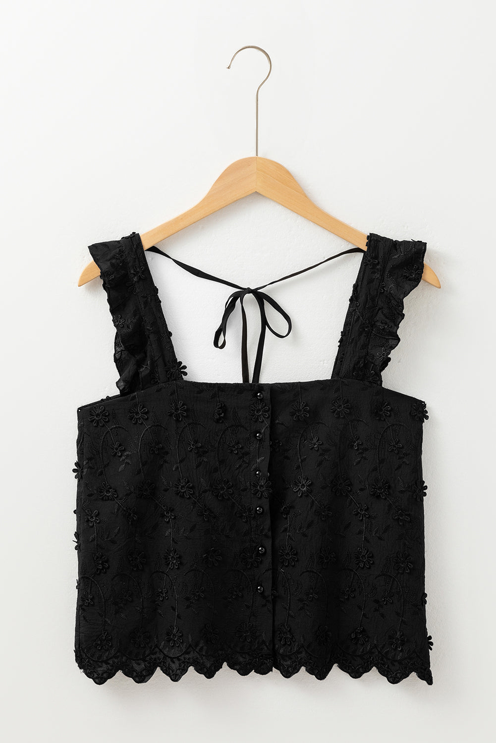 Black Floral Embroidered Buttoned Square Neck Tank Top 🇺🇸