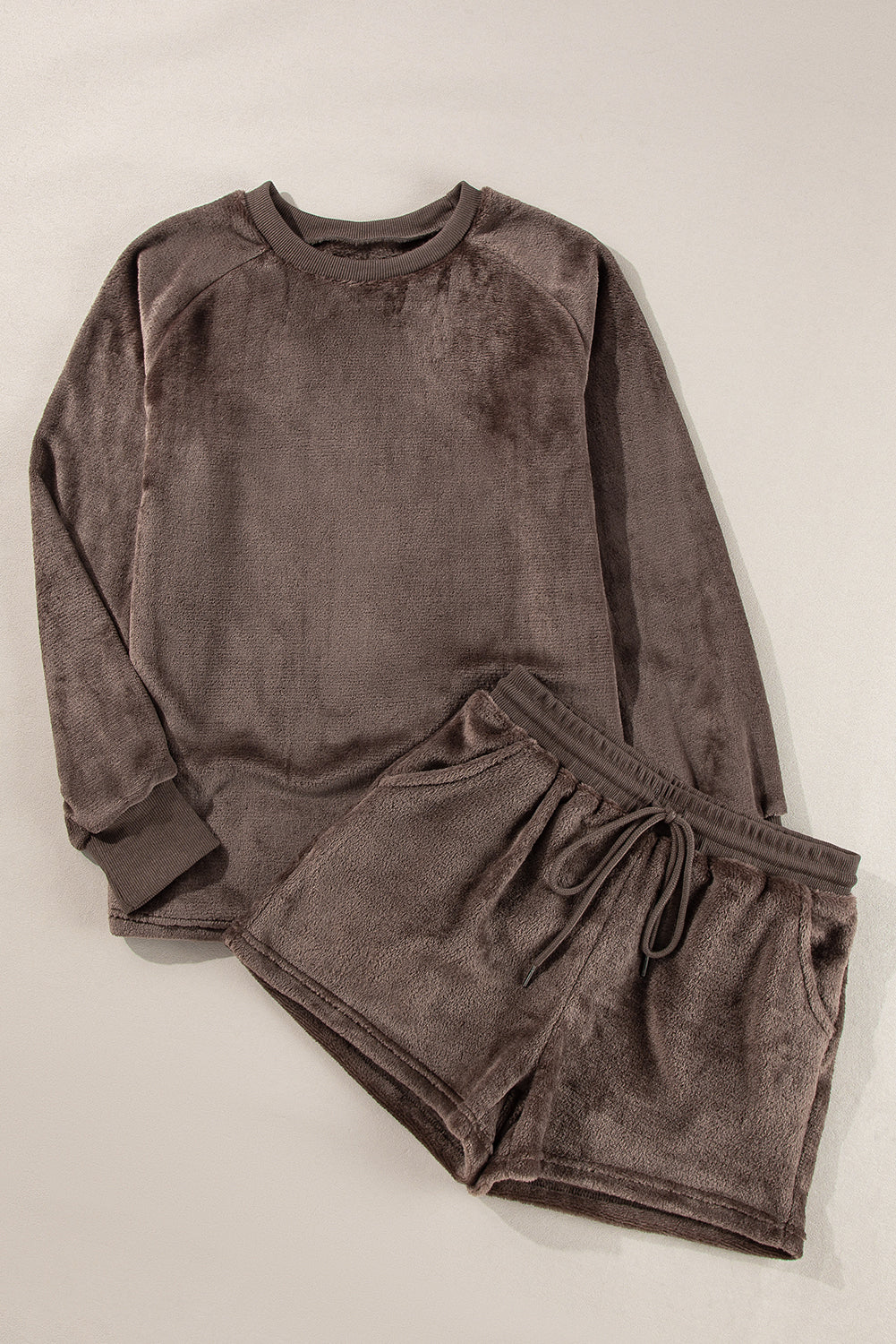 Coffee Solid Loose Fit Two Piece Fleece Lounge Set 🇨🇳