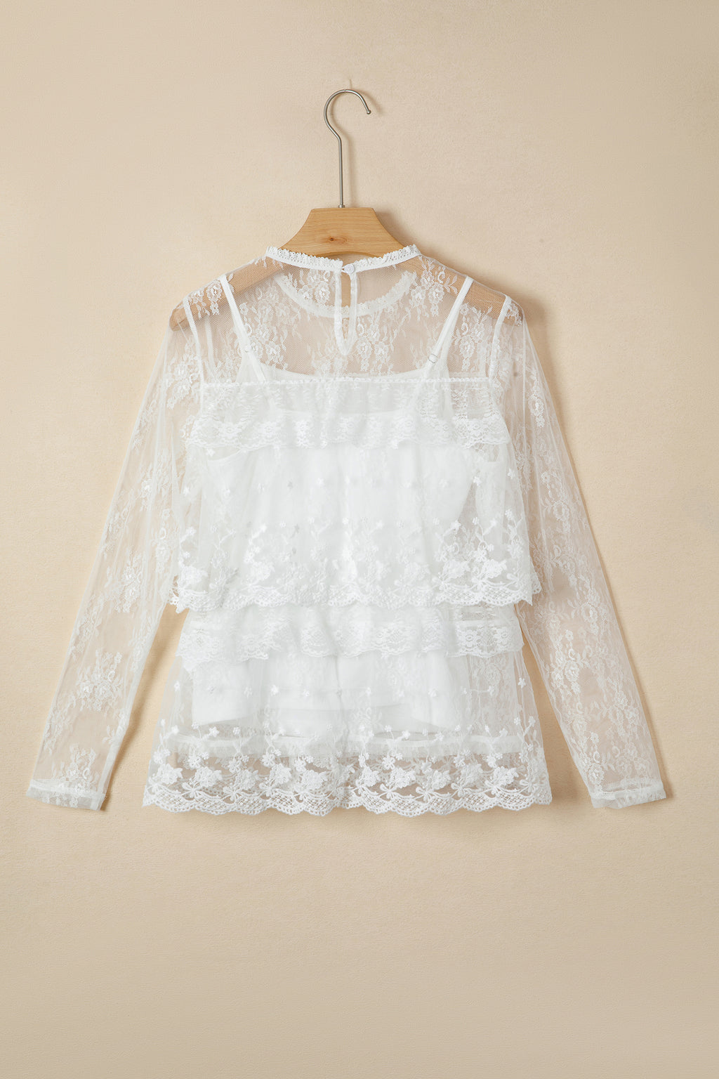 White 2pcs Sheer Floral Lace Ruffle Tiered Patchwork Blouse 🇺🇸
