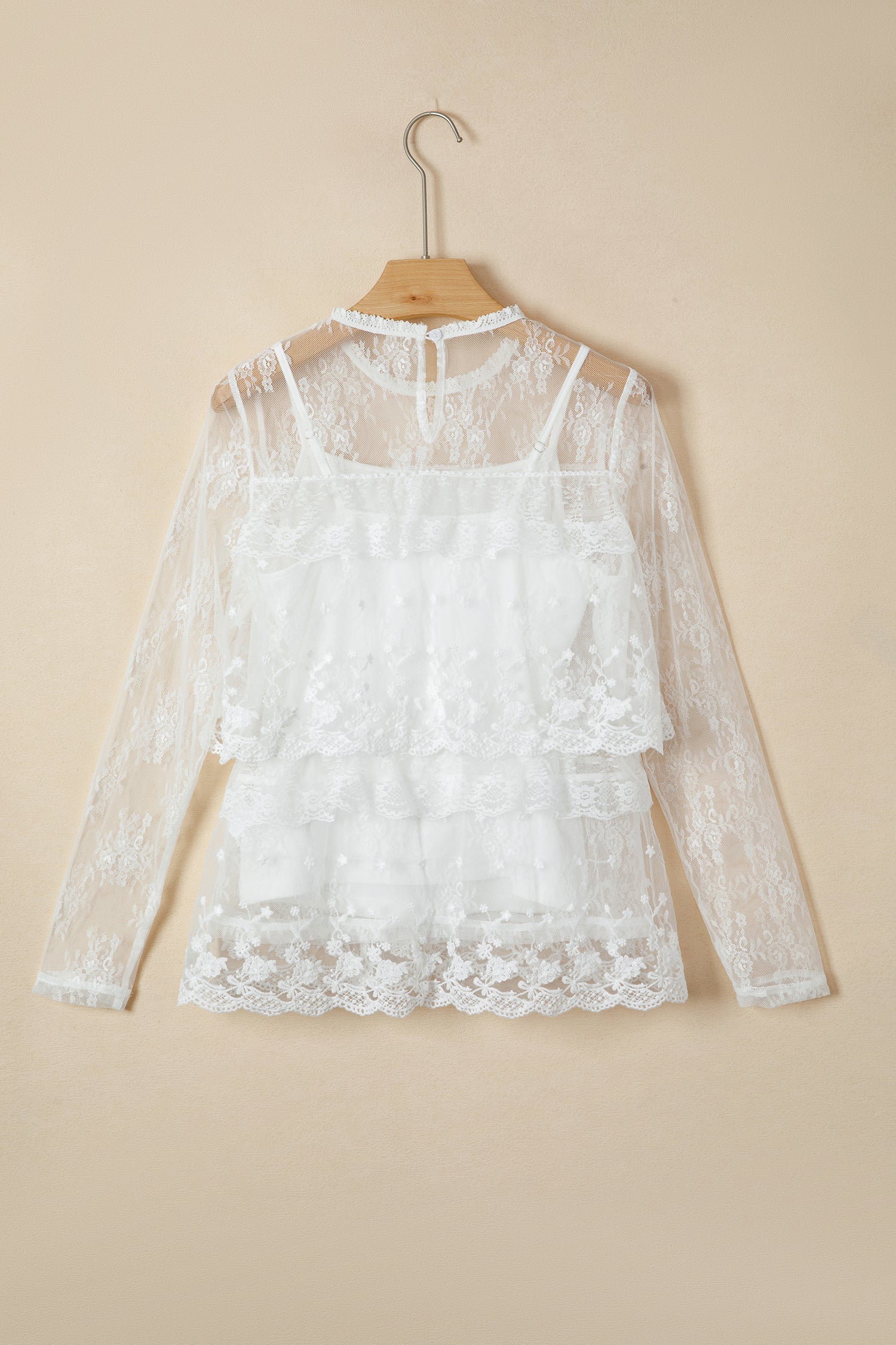 White 2pcs Sheer Floral Lace Ruffle Tiered Patchwork Blouse 🇺🇸