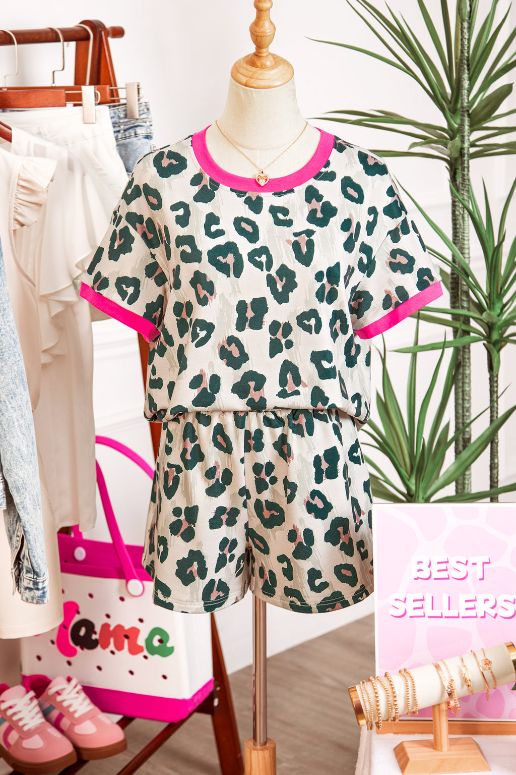 Brown Unique Leopard Print Contrast Trim Top Loose 2pcs Short Set 🇺🇸