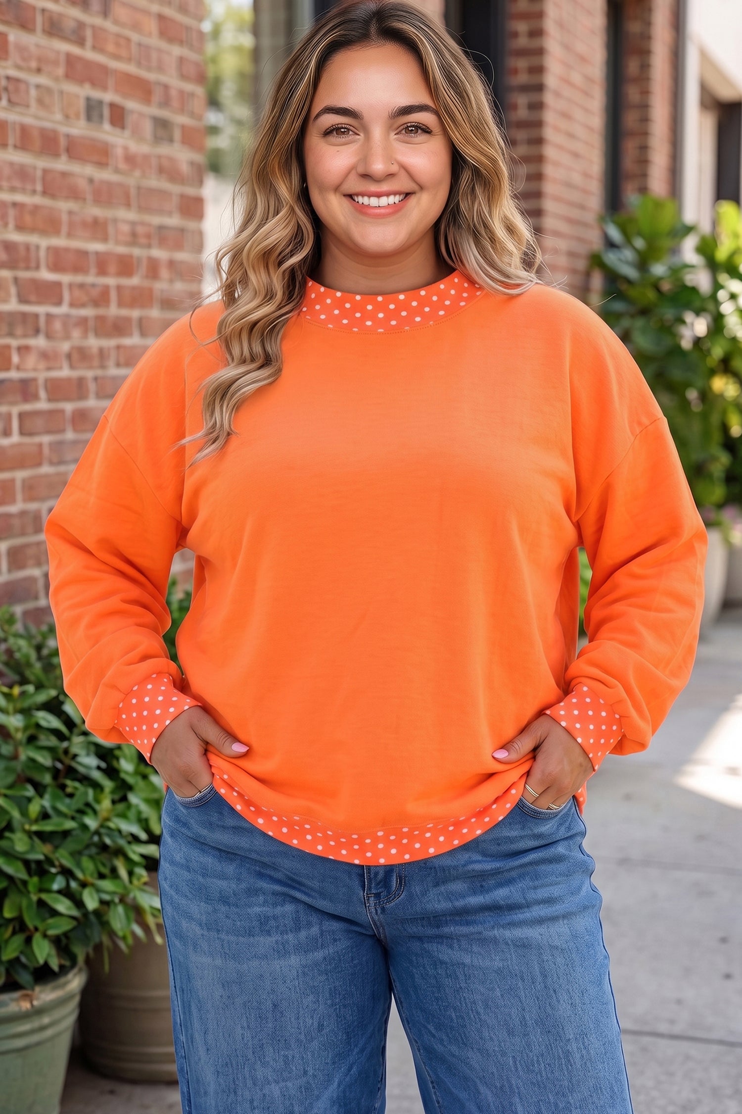 Red Polka Dot Patchwork Round Neck Plus Size Sweatshirt