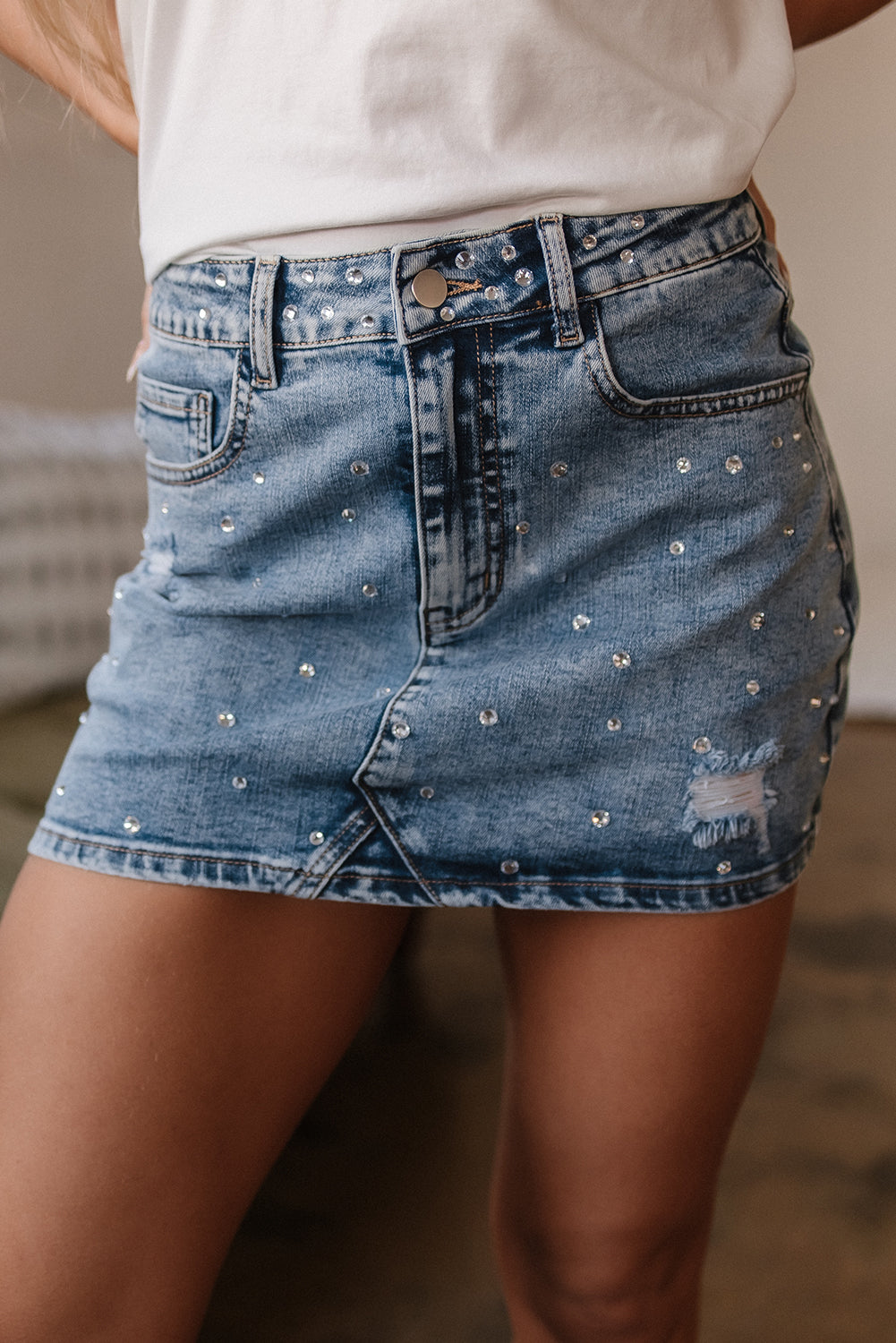 Dusk Blue Rhinestone Distressed Denim High Waist Mini Skirt 🇨🇳