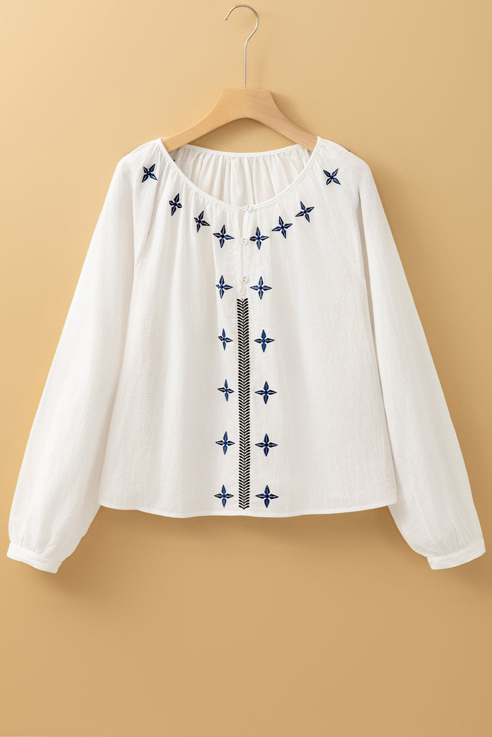 White Geometric Embroidered Long Sleeve Buttoned Blouse 🇺🇸