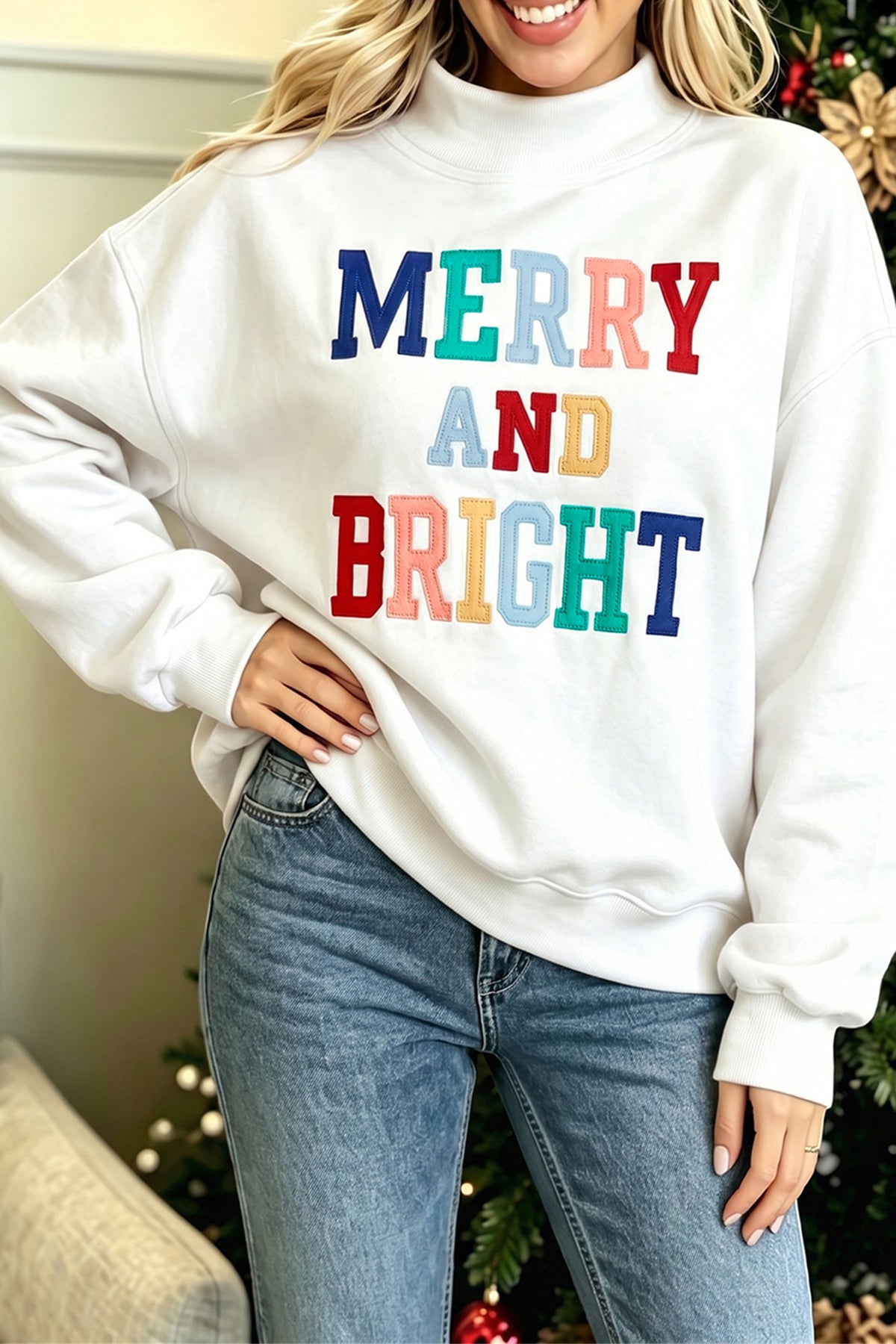 White MERRY AND BRIGHT Stitched Letter Pattern Mock Neck Sweatshirt 🇺🇸