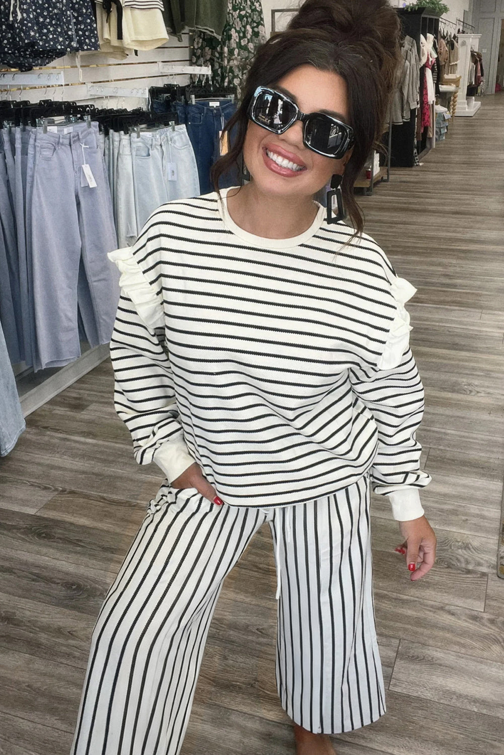 White Stripe Ruffle Trim Drop Shoulder Top Drawstring Loose Pant Set 🇺🇸