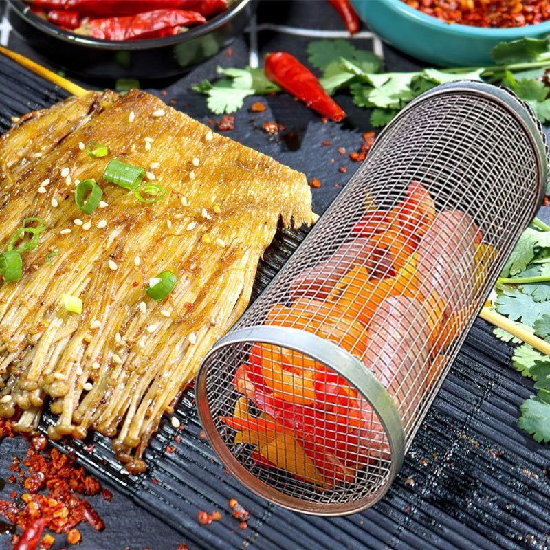 Rolling Grilling Basket Metal BBQ Barbecue Basket Net Portable Outdoor Camping Barbecue Rack Kitchen Gadgets 🇨🇳
