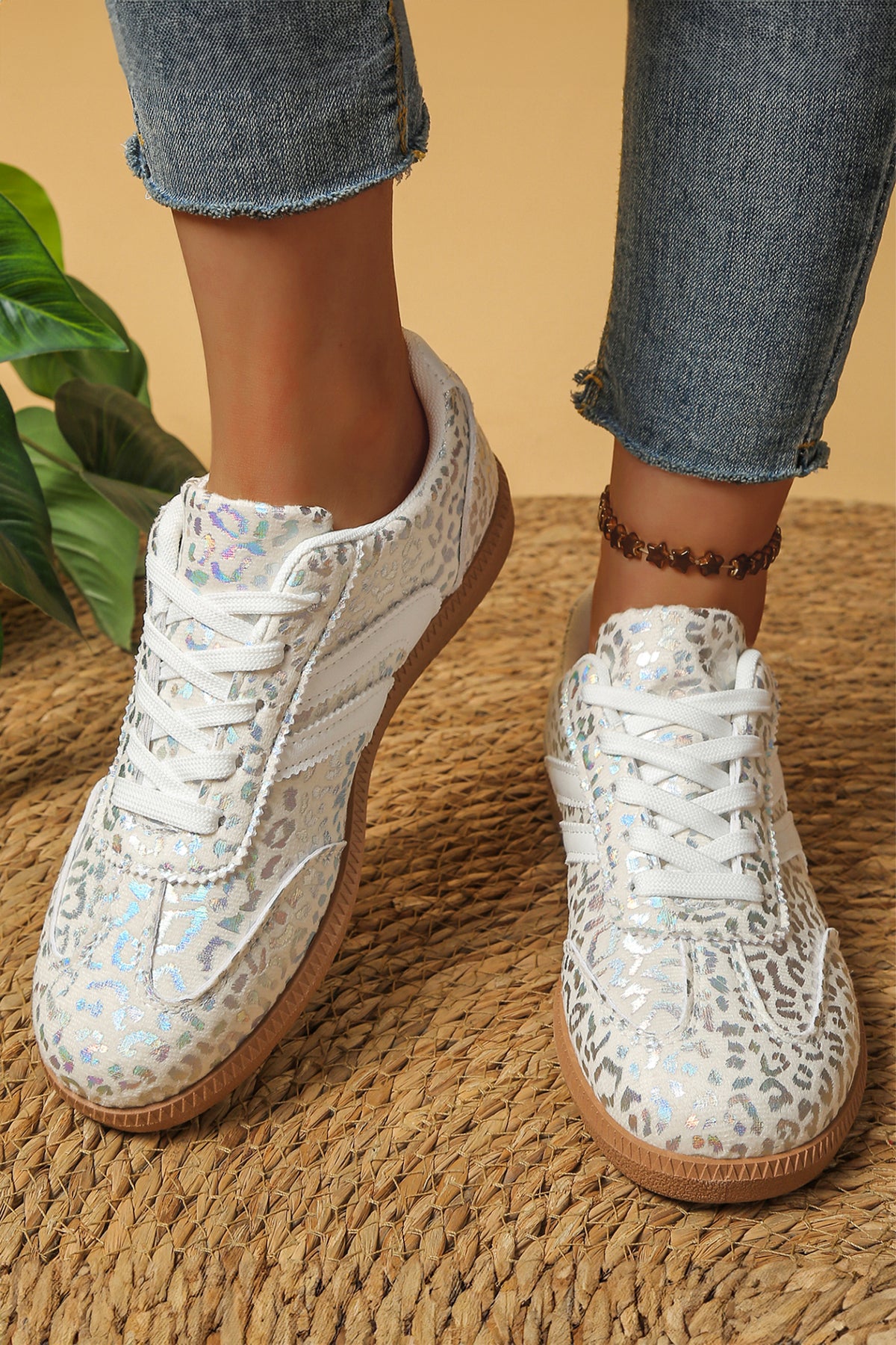 Coffee PU Leather Detail Shimmer Leopard Printed Lace-up Sneakers 🇺🇸