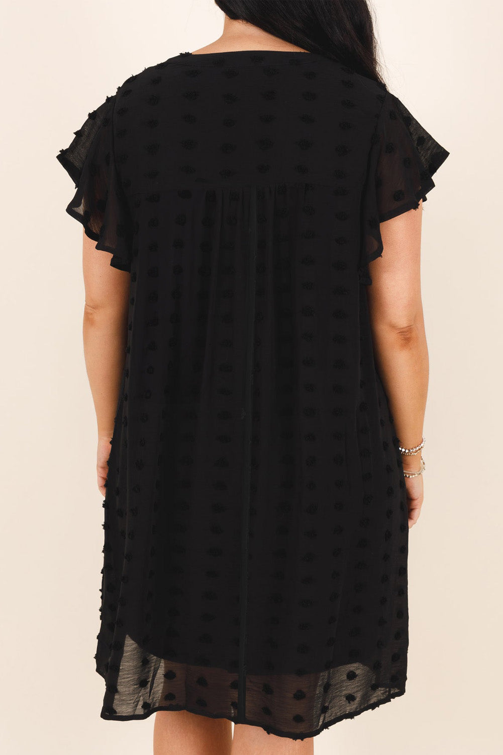 Black Dotty Textured Notched Neck Plus Ruffled Dress 🇺🇲