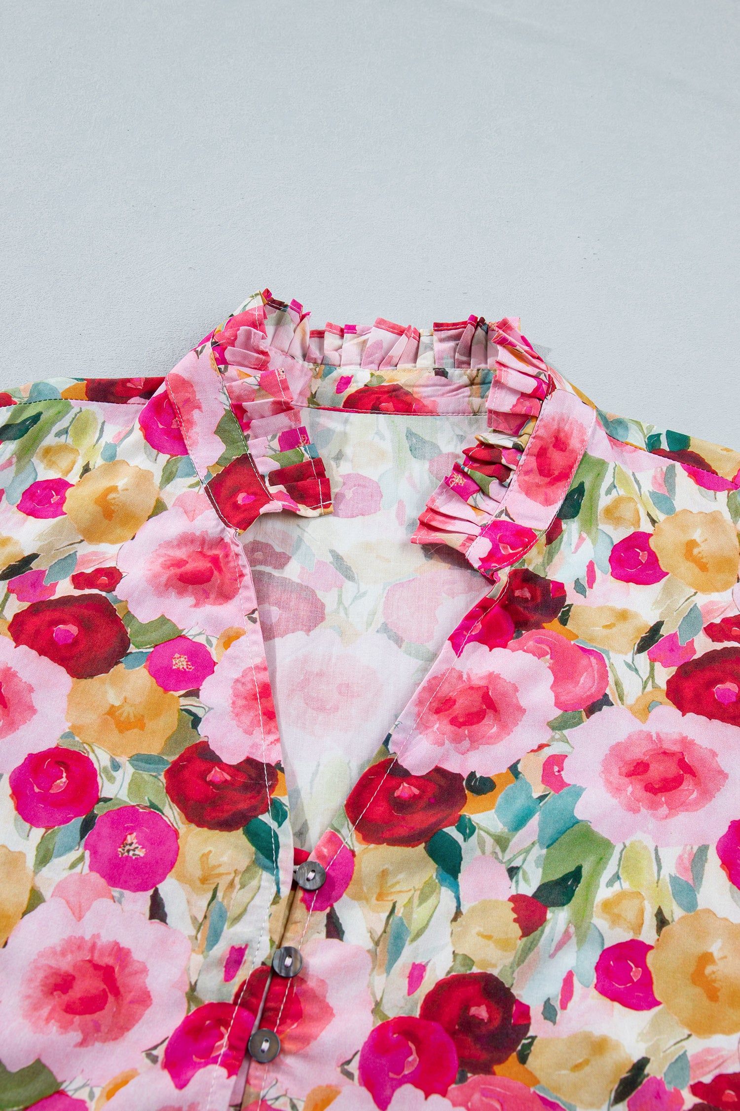 Pink Plus Size Flower Print Split V Neck Puff Short Sleeve Top 🇺🇸