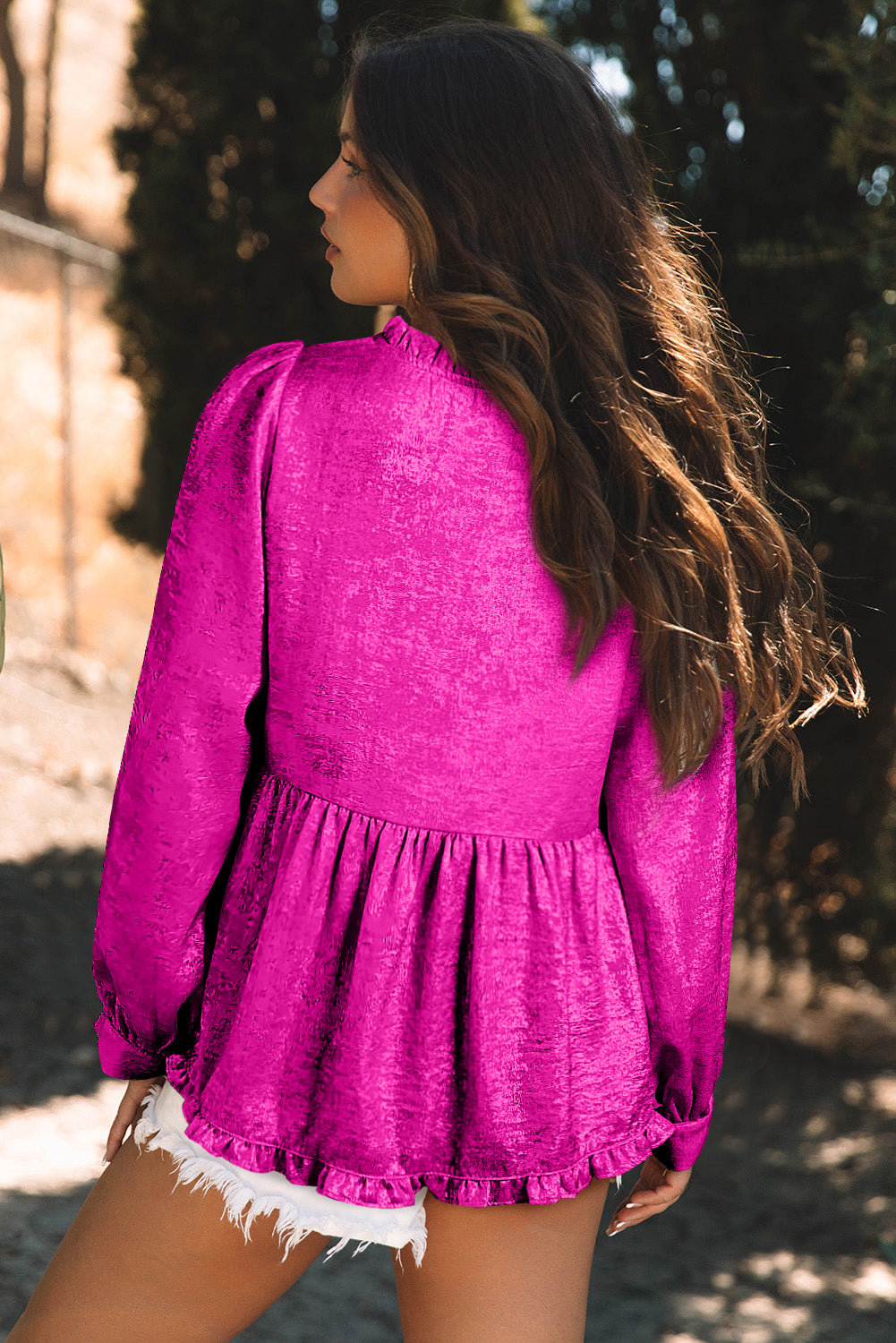Rose Red Metallic Frilled V Neck Puff Sleeve Babydoll Blouse 🇺🇲