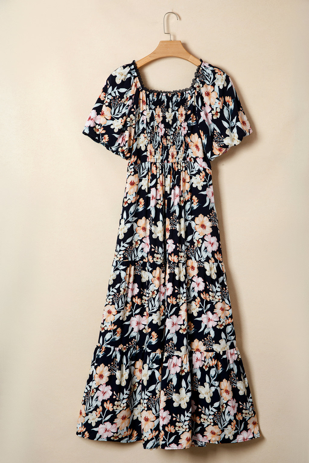 Blue Short Sleeve Smocked Detail High Waist Floral Maxi Dress 🇺🇸