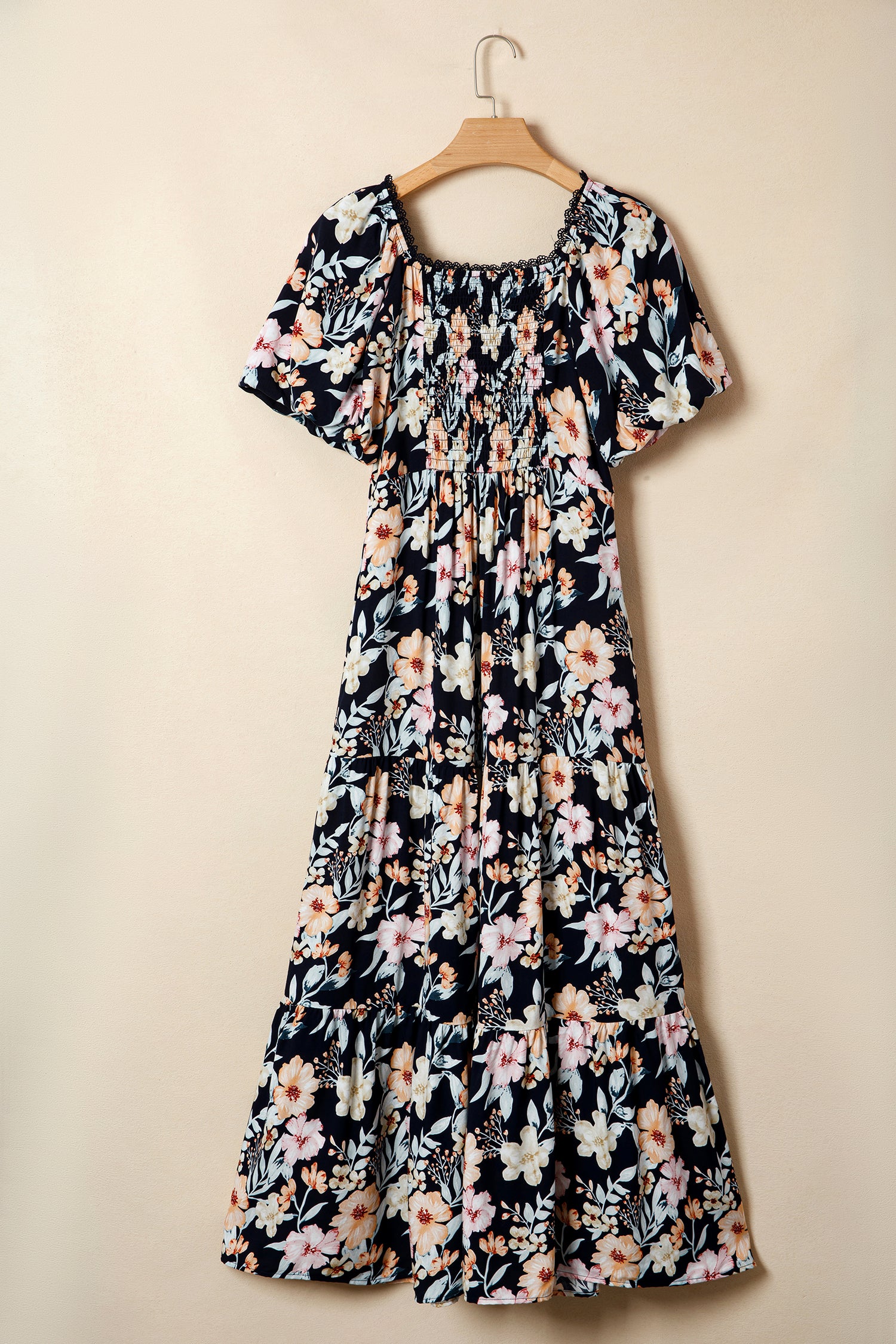 Blue Short Sleeve Smocked Detail High Waist Floral Maxi Dress 🇺🇸