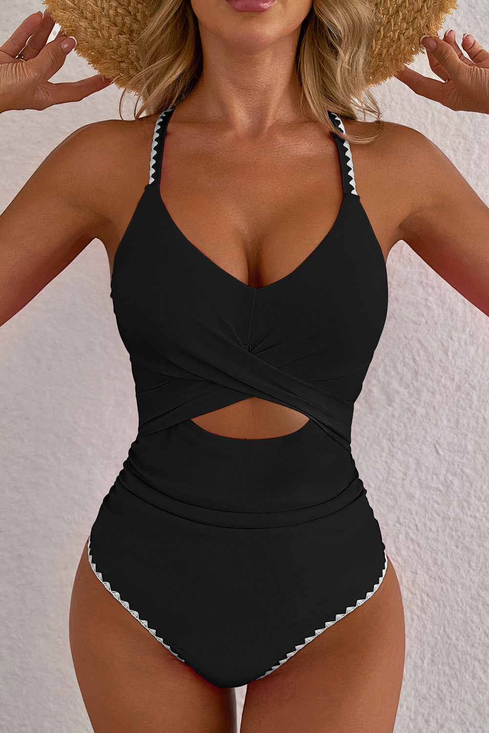 Black Ric Rac Trim Contrasted Patchwork Cutout One Piece Swimsuit 🇺🇸