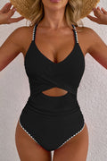 Black Ric Rac Trim Contrasted Patchwork Cutout One Piece Swimsuit 🇺🇸