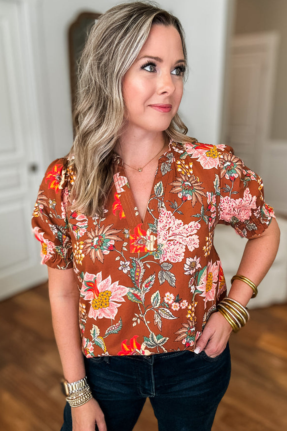 Brown Floral Stitched V Neck Frilled Trim Puff Short Sleeve Blouse 🇨🇳