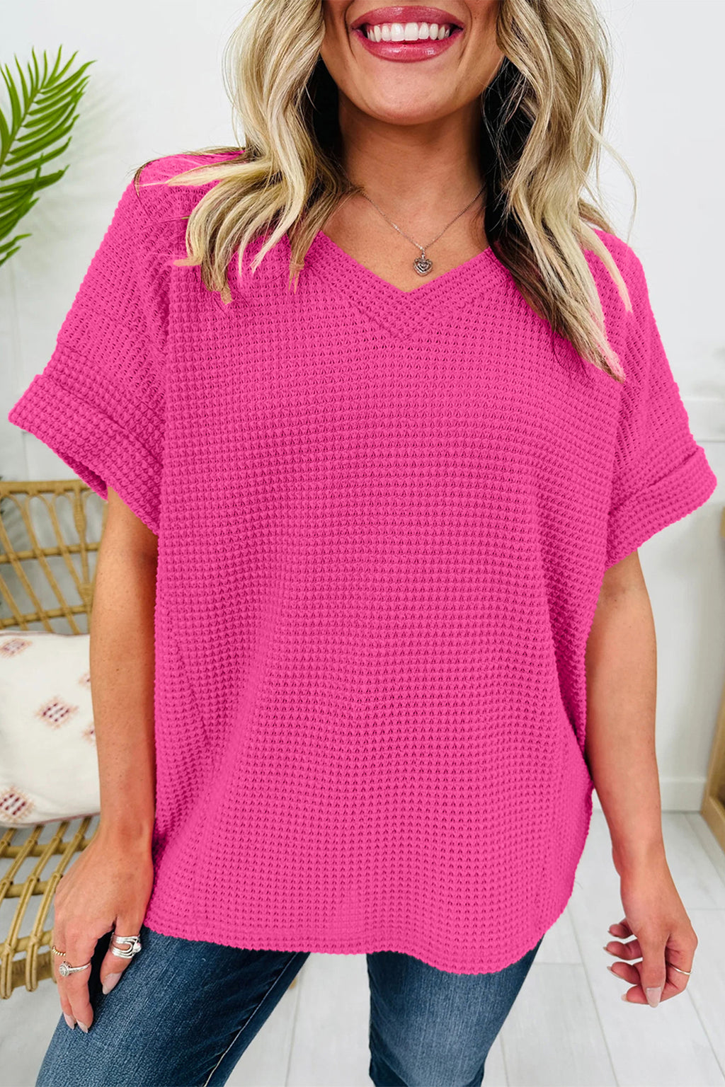 Strawberry Pink Waffle V Neck Short Sleeve Knit Top 🇺🇸