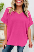Strawberry Pink Waffle V Neck Short Sleeve Knit Top 🇺🇸