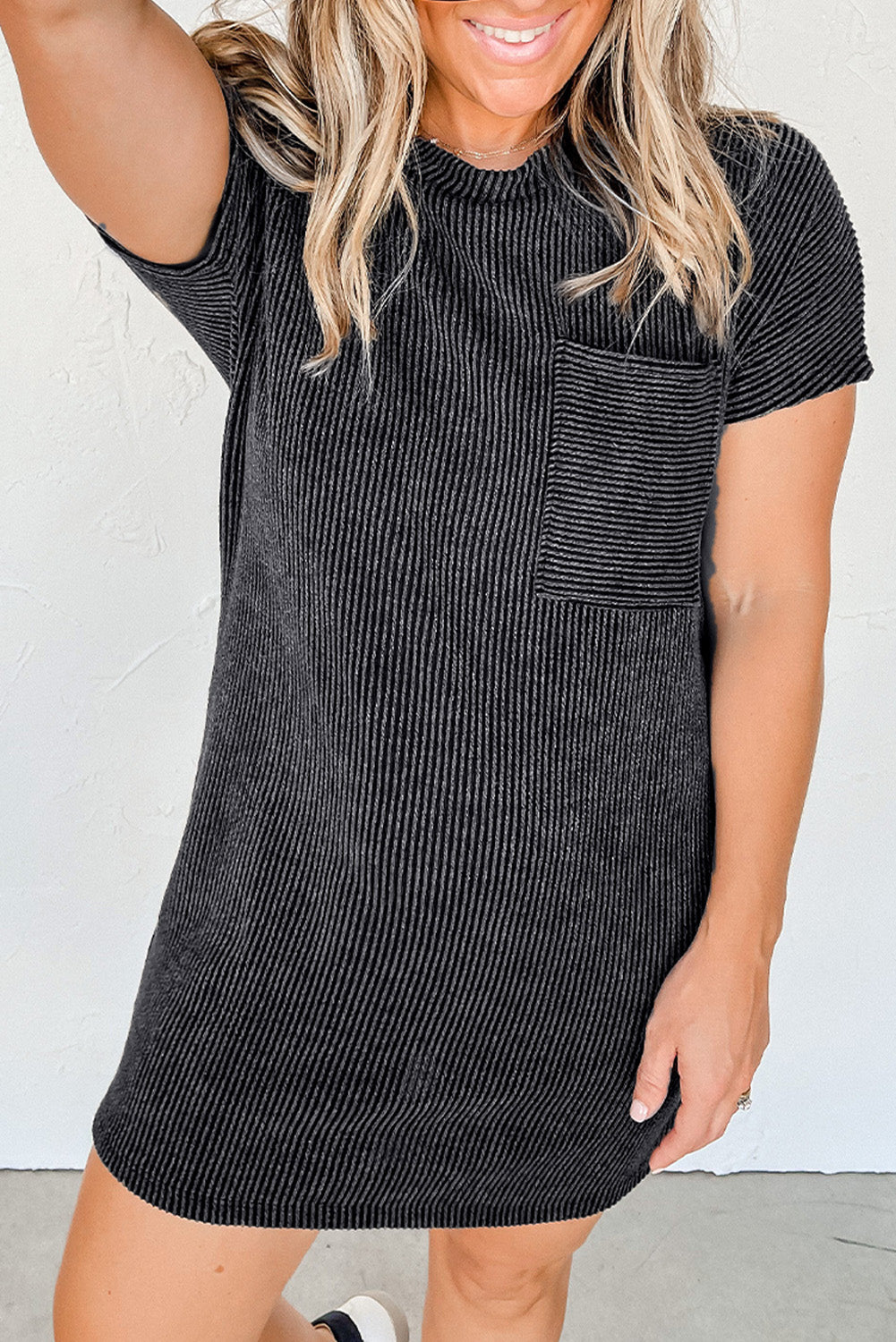 Gray Striped Ribbed Knit T-shirt Shift Dress 🇨🇳