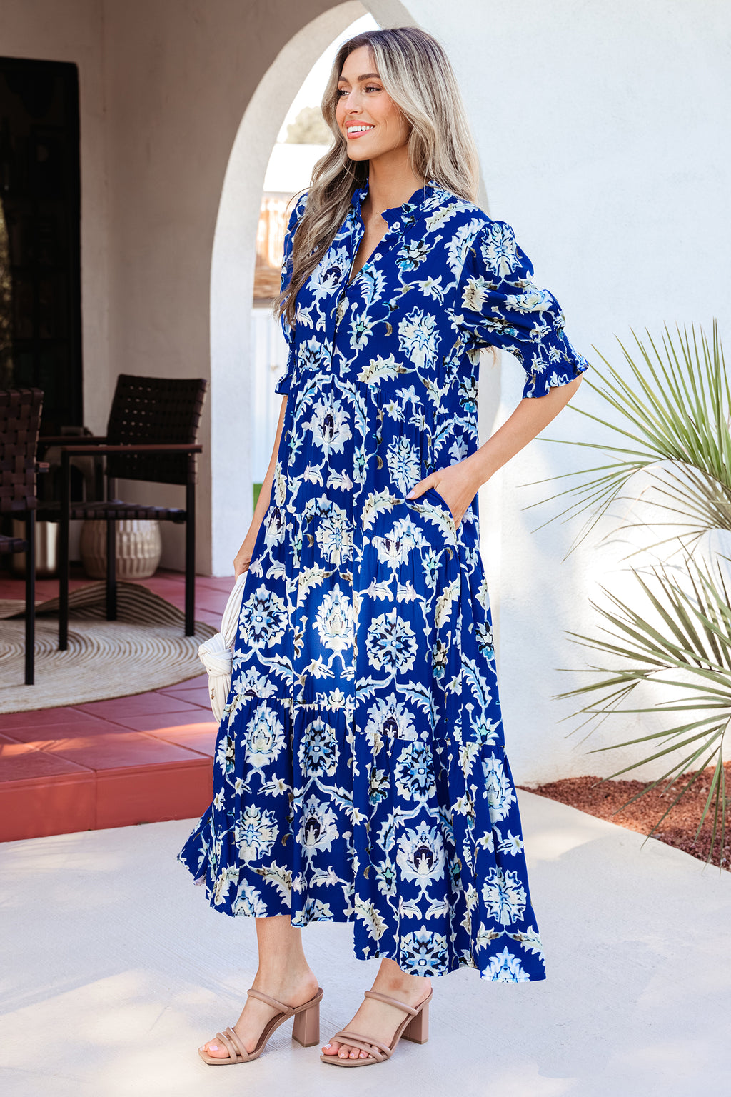 Blue Wild Floral Print Frilled Collar Half Sleeve Long Dress 🇺🇸