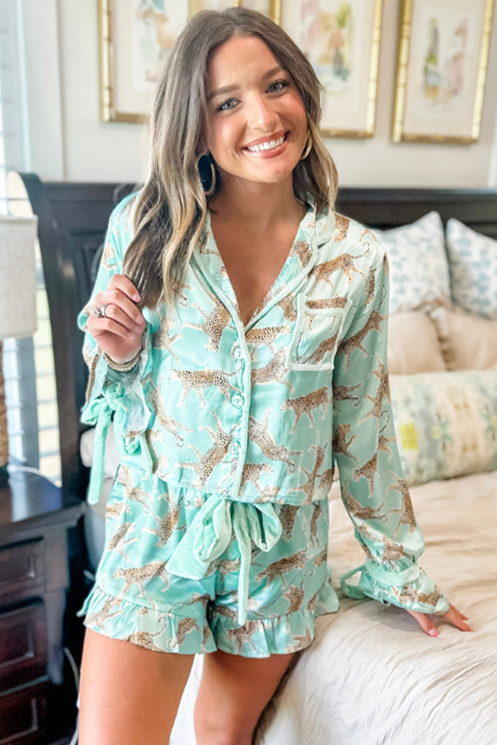 Green Leopard Satin Ruffle Pajama Short Set 🇨🇳