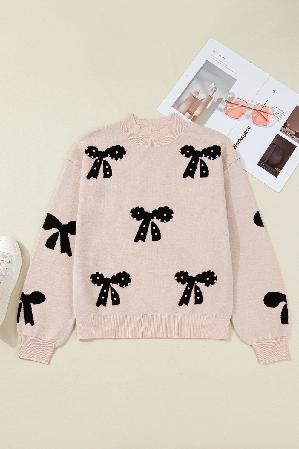 Smoke Gray Pearl Embellished Bow Pattern Loose Sweater 🇺🇸
