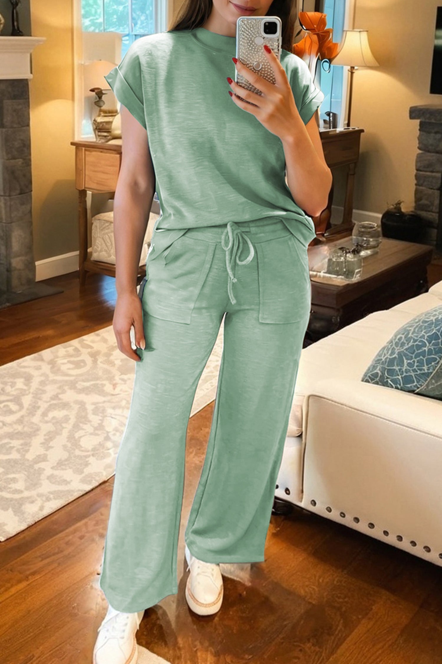 Canton Cuffed Short Sleeve Tee Raw Seam Patch Pocket Drawstring Pants Set 🇺🇸