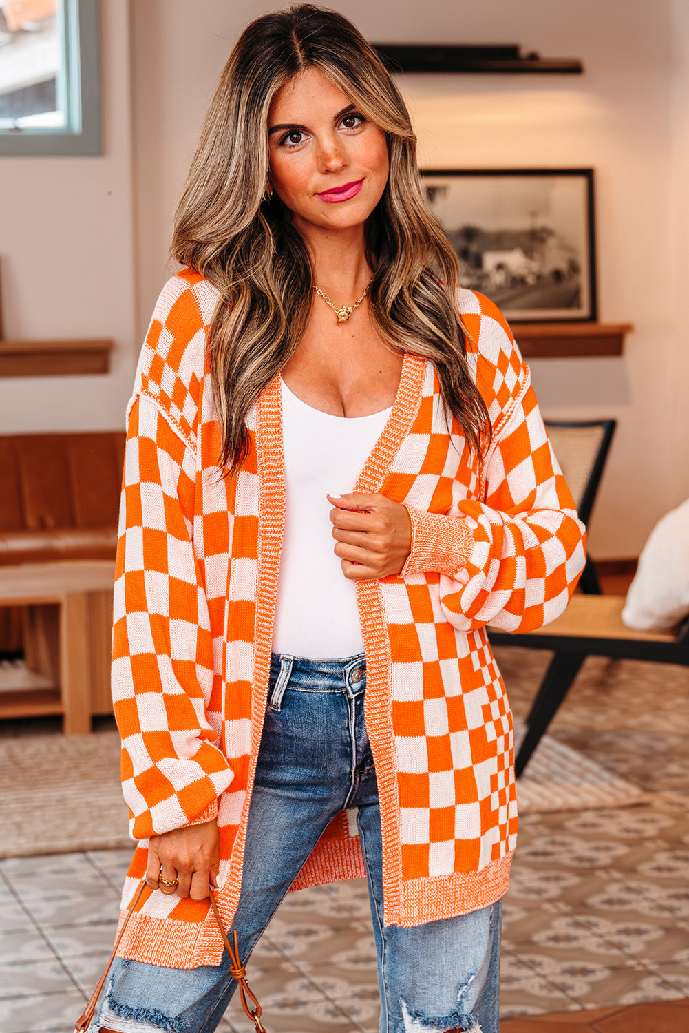 Orange Checkered Open Front Drop Shoulder Cardigan 🇺🇸