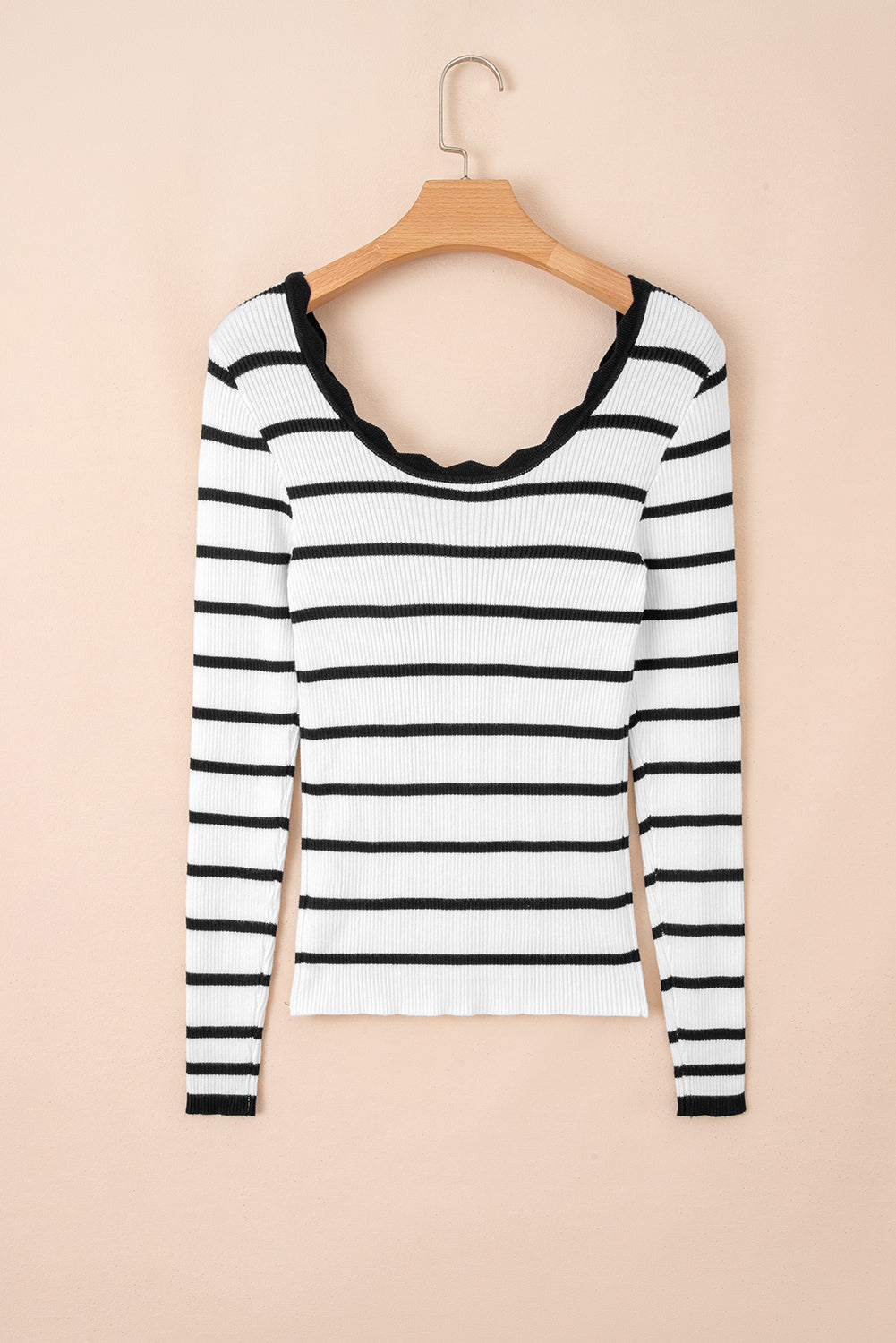 Black white Scalloped Trim U Neck Striped Ribbed Slim Sweater 🇺🇸