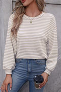 Khaki Stripe Round Neck Drop Shoulder Long Sleeve Top 🇺🇲