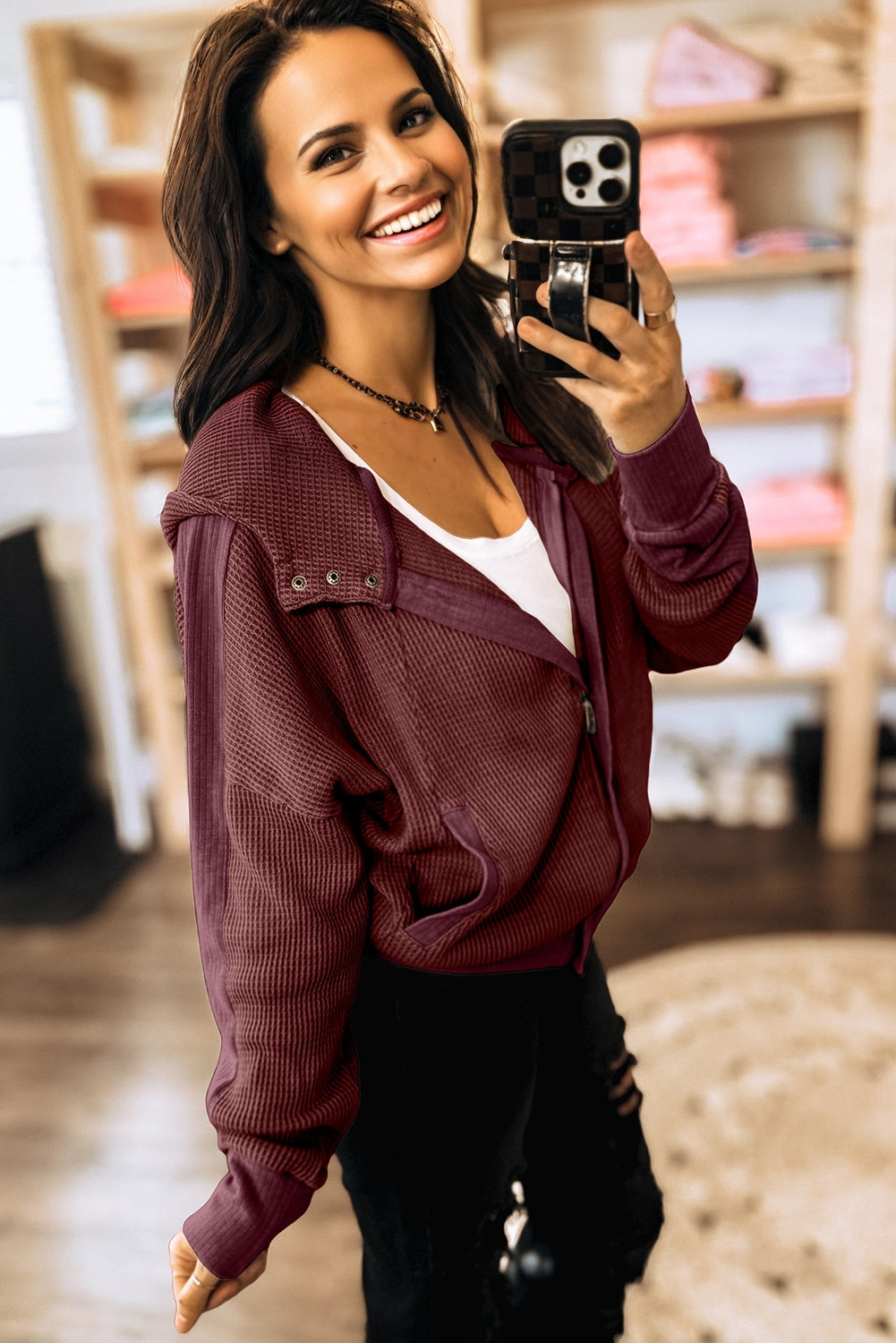 Burgundy Waffle Splicing Zip Up Front Button Hooded Jacket 🇺🇸