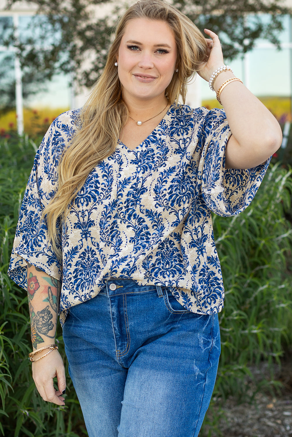 Blue Plus Size Ethnic Printed 3/4 Sleeve V Neck Loose Blouse 🇨🇳