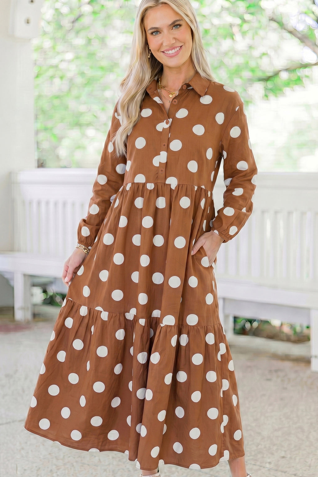 Brown Polka Dot Button Front Long Sleeve Shift Dress 🇺🇸