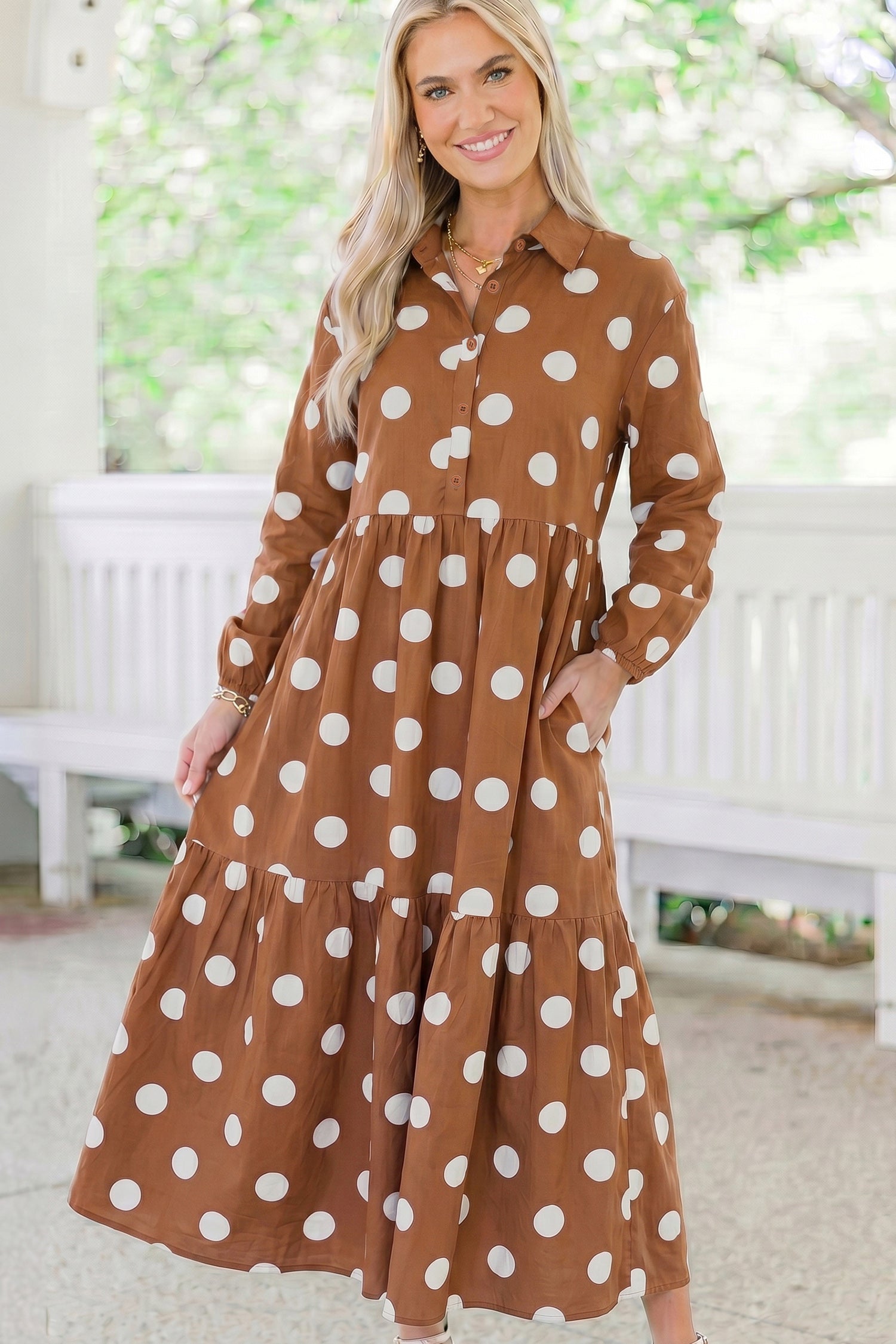 Brown Polka Dot Button Front Long Sleeve Shift Dress 🇺🇸