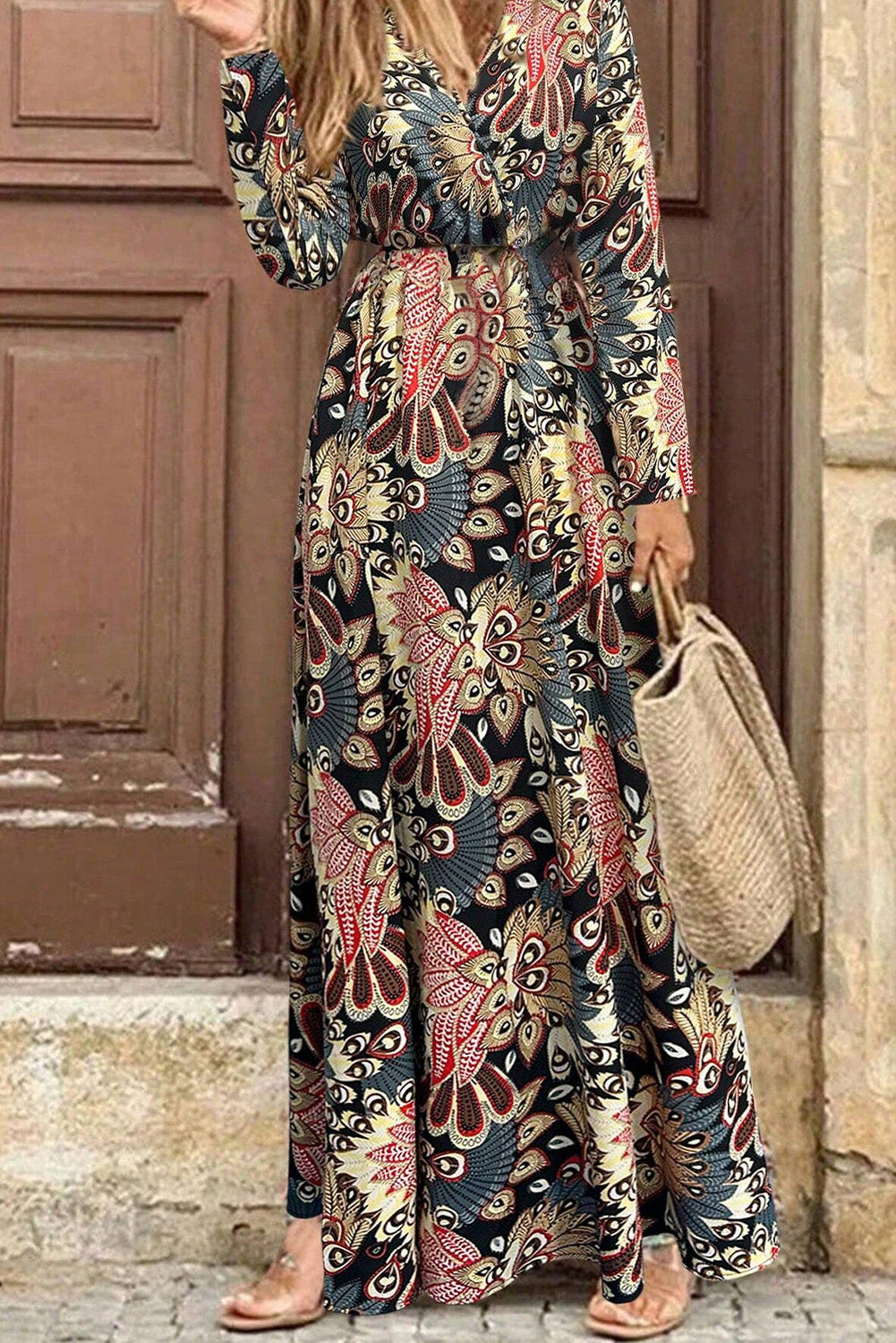 Black Floral Print V Neck Wrap High Waist Maxi Dress 🇨🇳