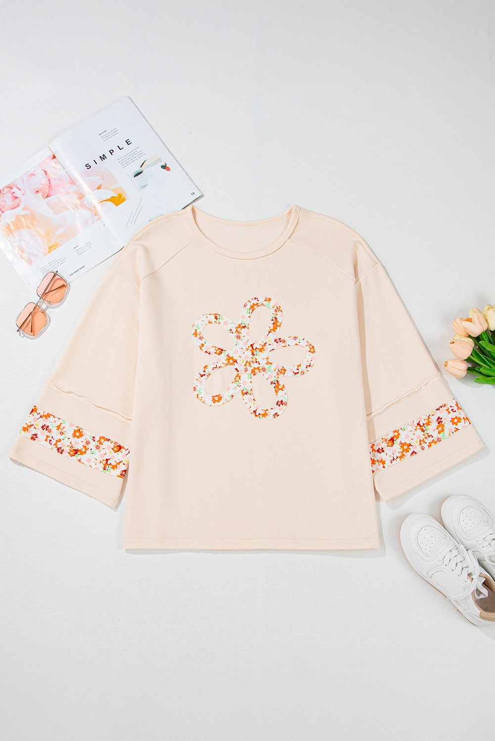 Beige Plus Size Flower Patched Side Slits Crewneck Top 🇨🇳