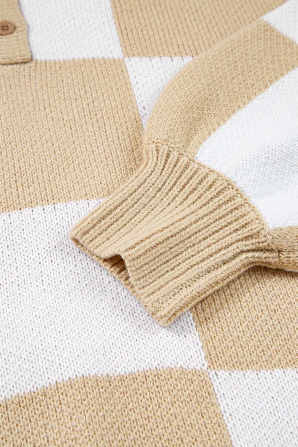 Light French Beige Checkered Pattern Polo Collar Loose Sweater  🇺🇸