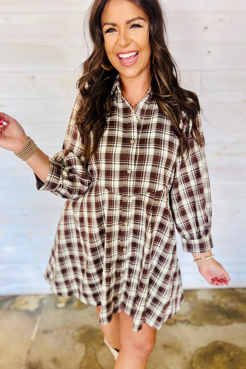 Brown Plaid Long Sleeve Short Shift Mini Dress 🇺🇸