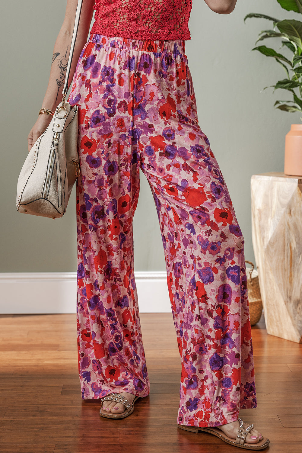 Purple Floral Wide Leg Elastic High Waist Pants 🇨🇳