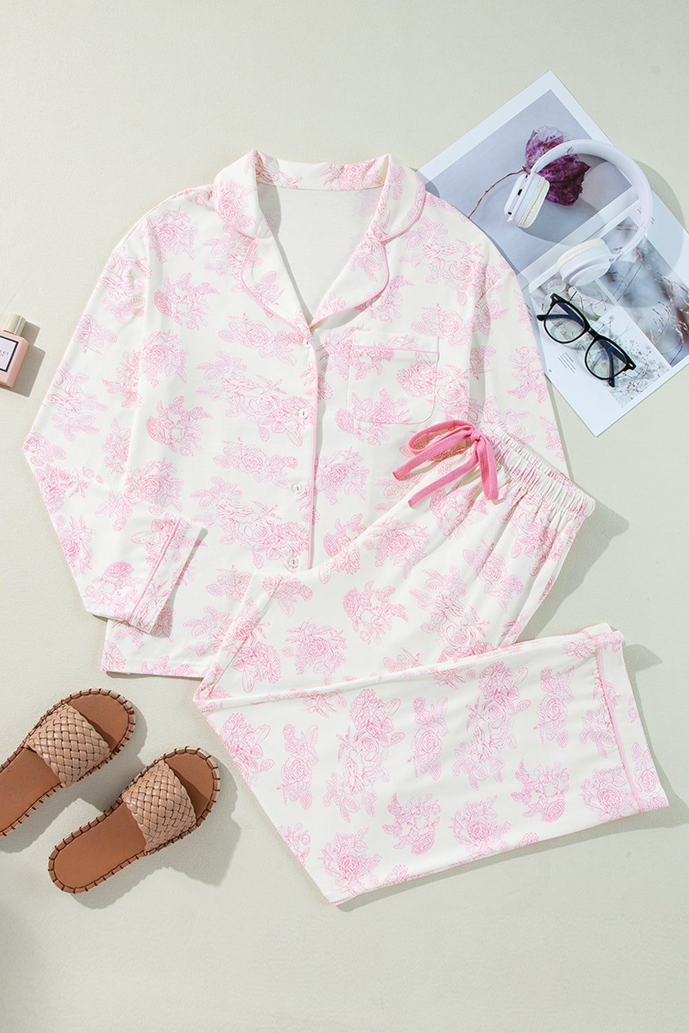 Pink Floral Long Sleeve and Pants Pajamas Set 🇺🇸