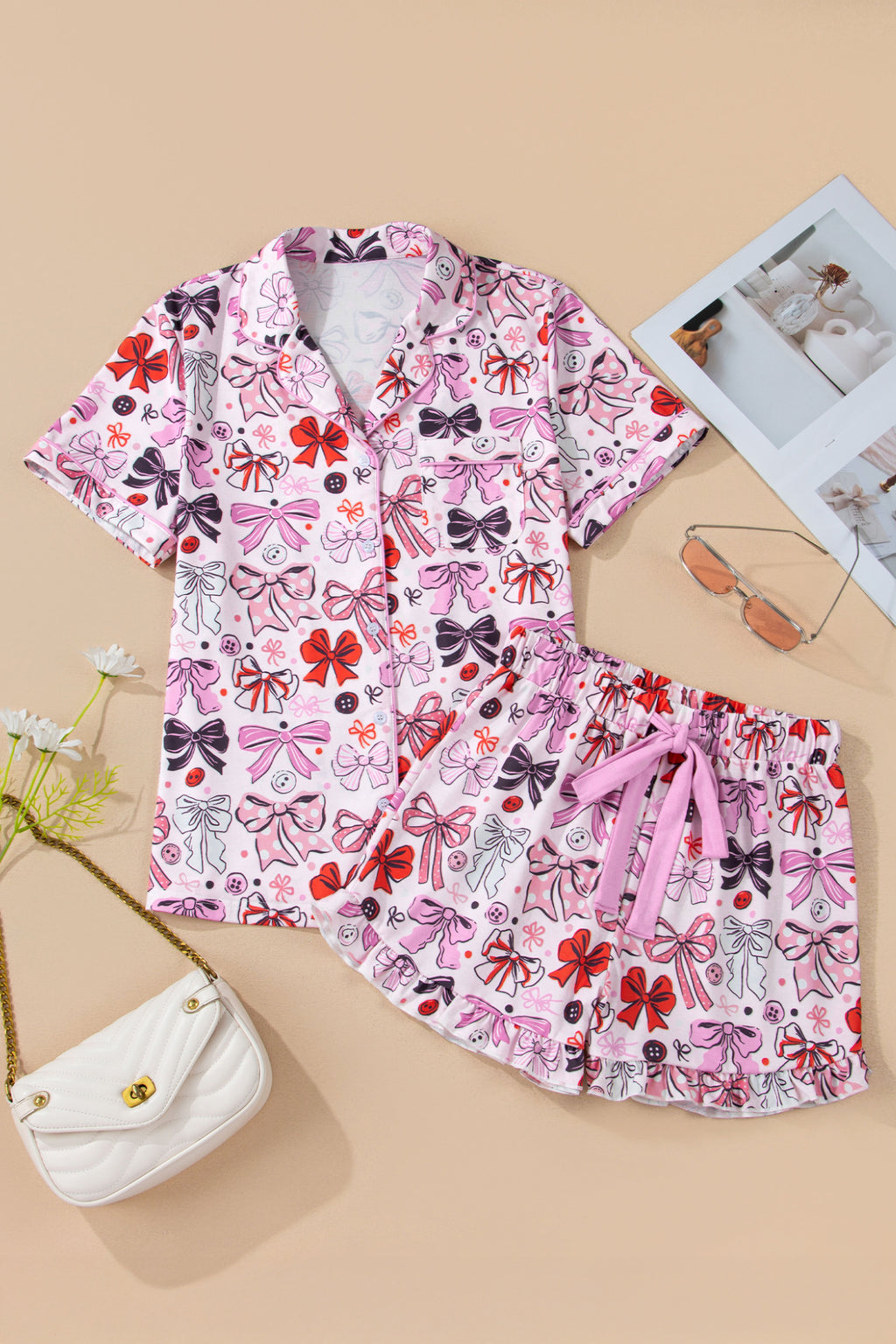 Pink Cute Ribbon Bows Printed Shirt Style 2pcs Short Pajama Set 🇺🇸