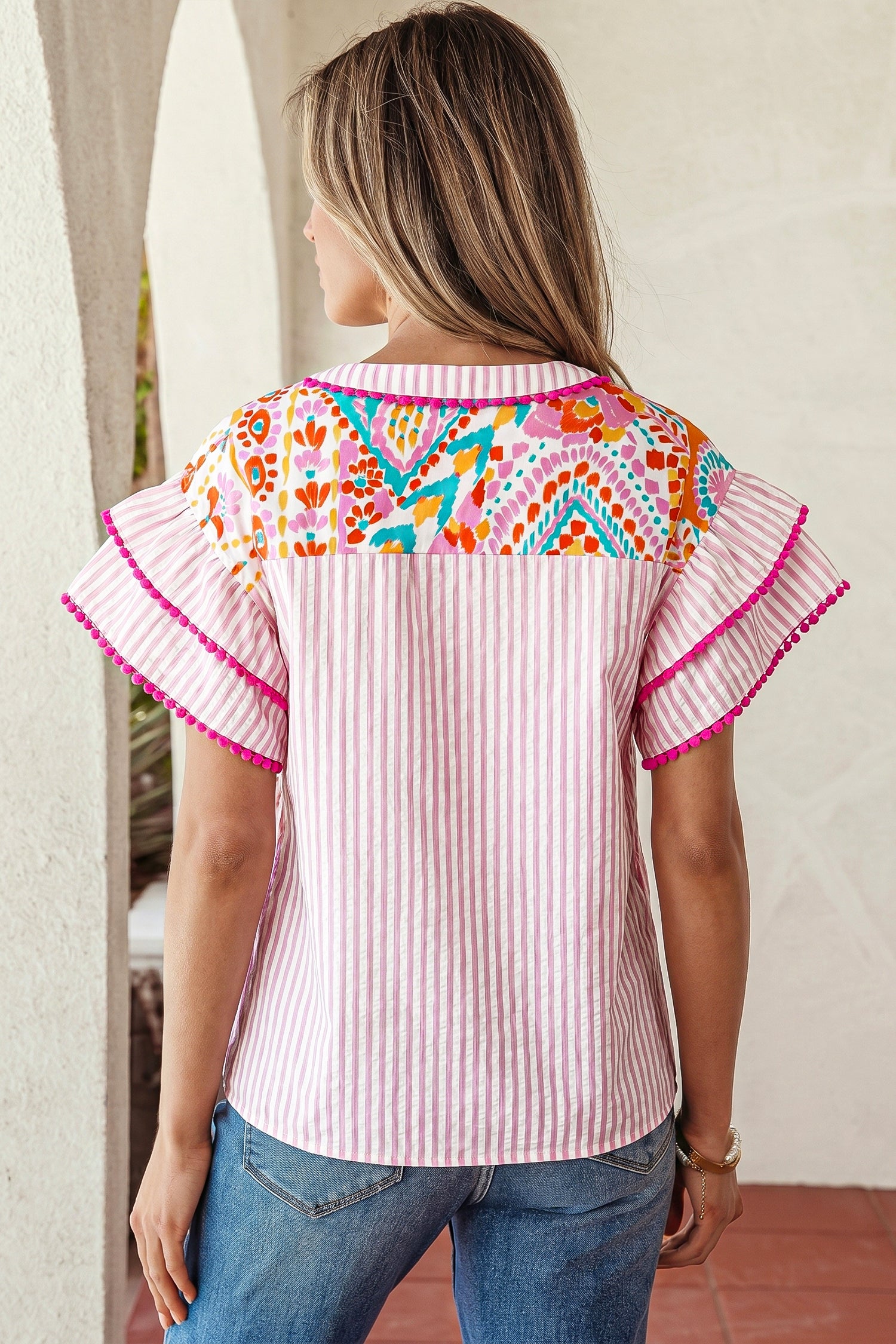 Rose Boho Mixed Print Contrast Trim Striped Patchwork Tiered Short Sleeve Blouse 🇺🇸