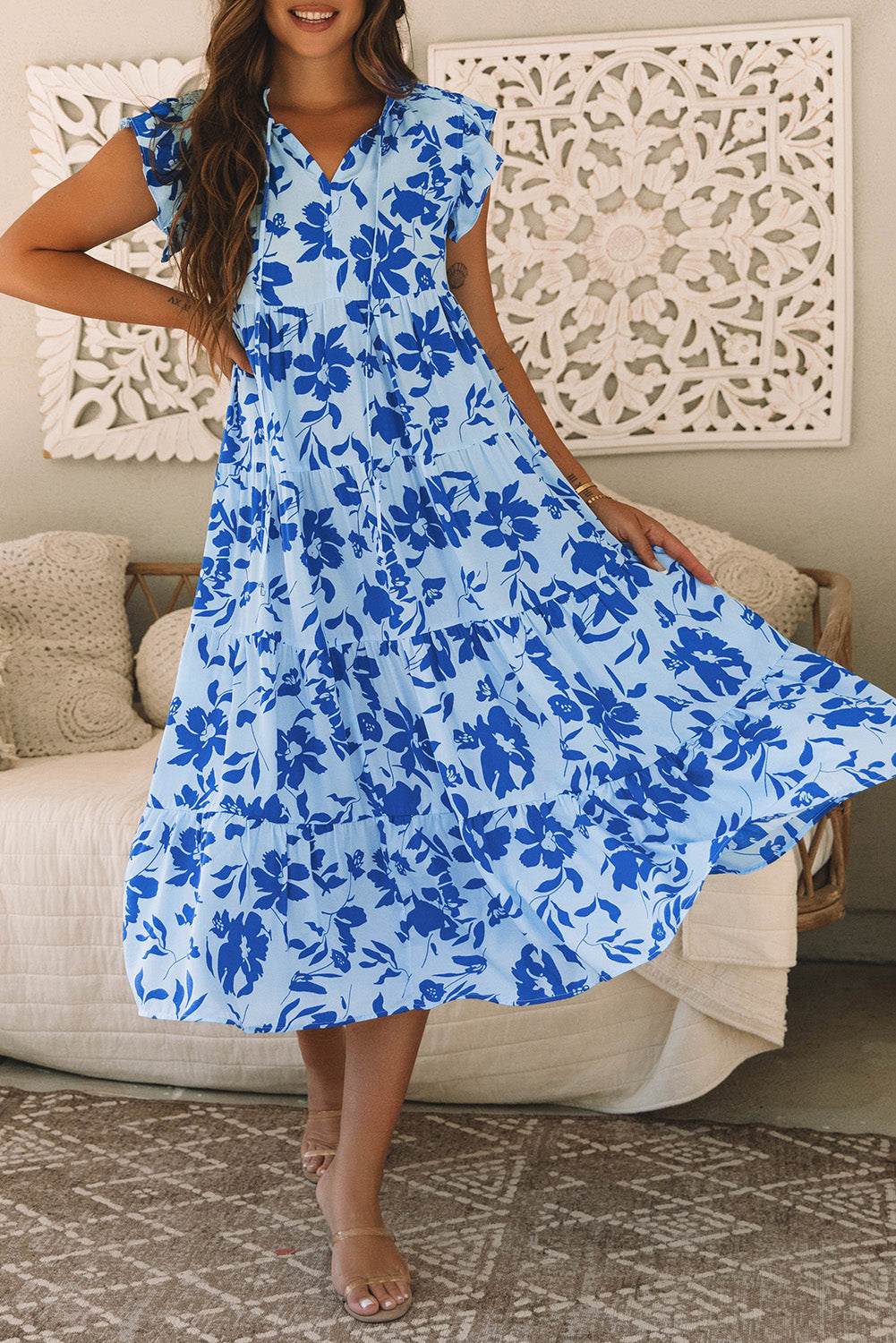 Sky Blue Floral Print Tiered Frilled Trim Flutter Sleeve Maxi Dress 🇨🇳
