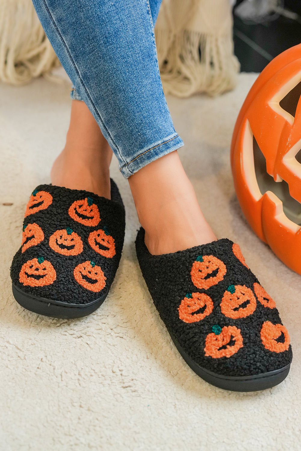Black Halloween Pumpkin Plush Home Slippers 🇺🇸