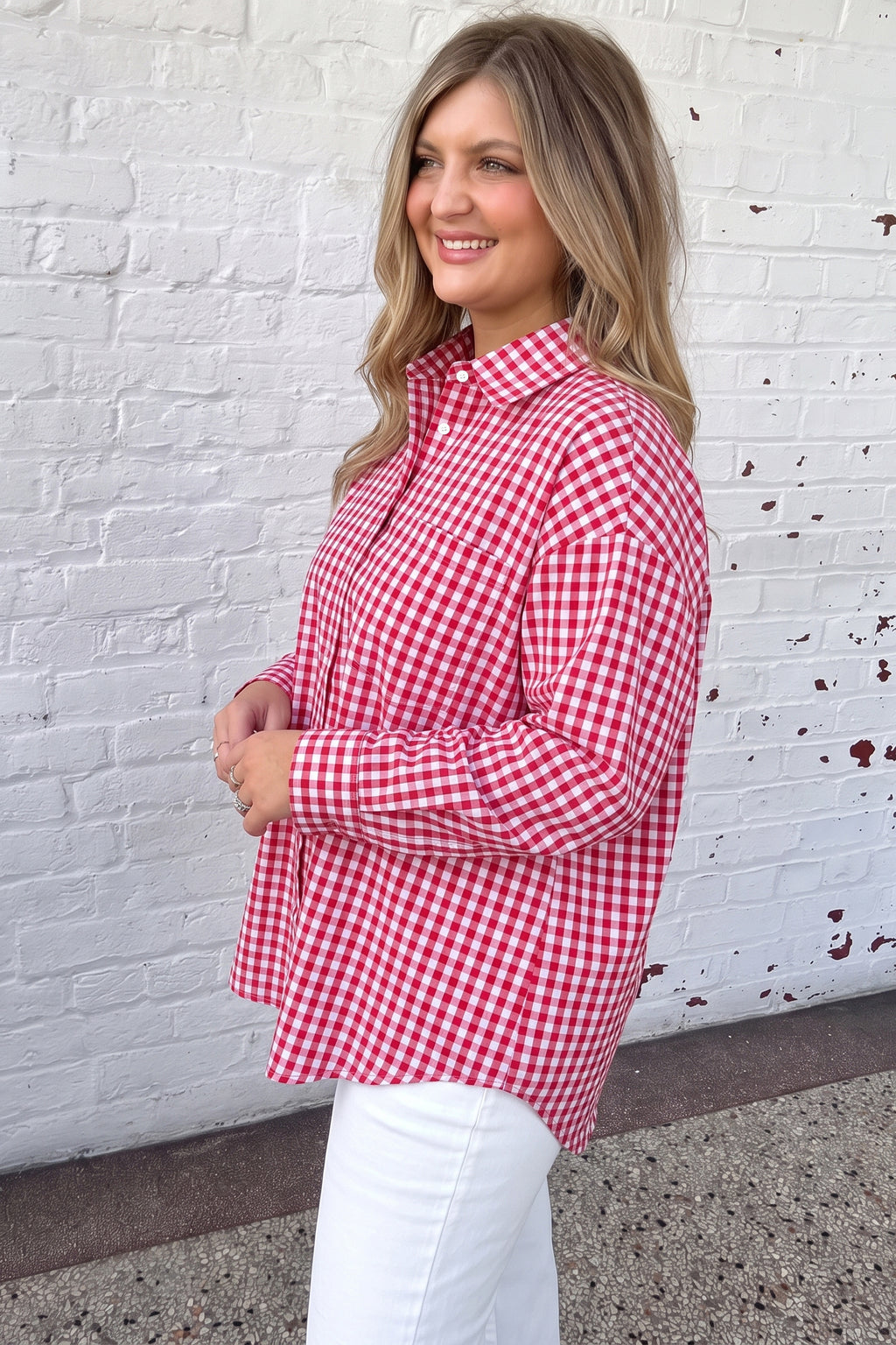 Red Plaid V Neck Long Sleeve Tunic Loose Fit Plus Size Shirt 🇺🇸