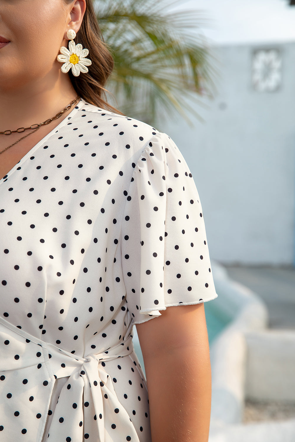 Khaki Polka Dot Surplice V Neck Tied Waist Flutter Sleeve Flowy Plus Size Midi Dress 🇨🇳