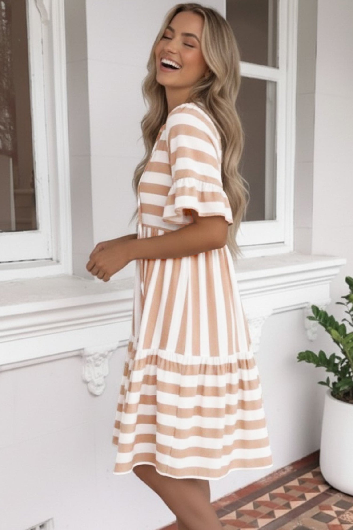 Khaki Stripe Tie V Neck Ruffle Trim Short Sleeve Flared Summer Dress 🇺🇸