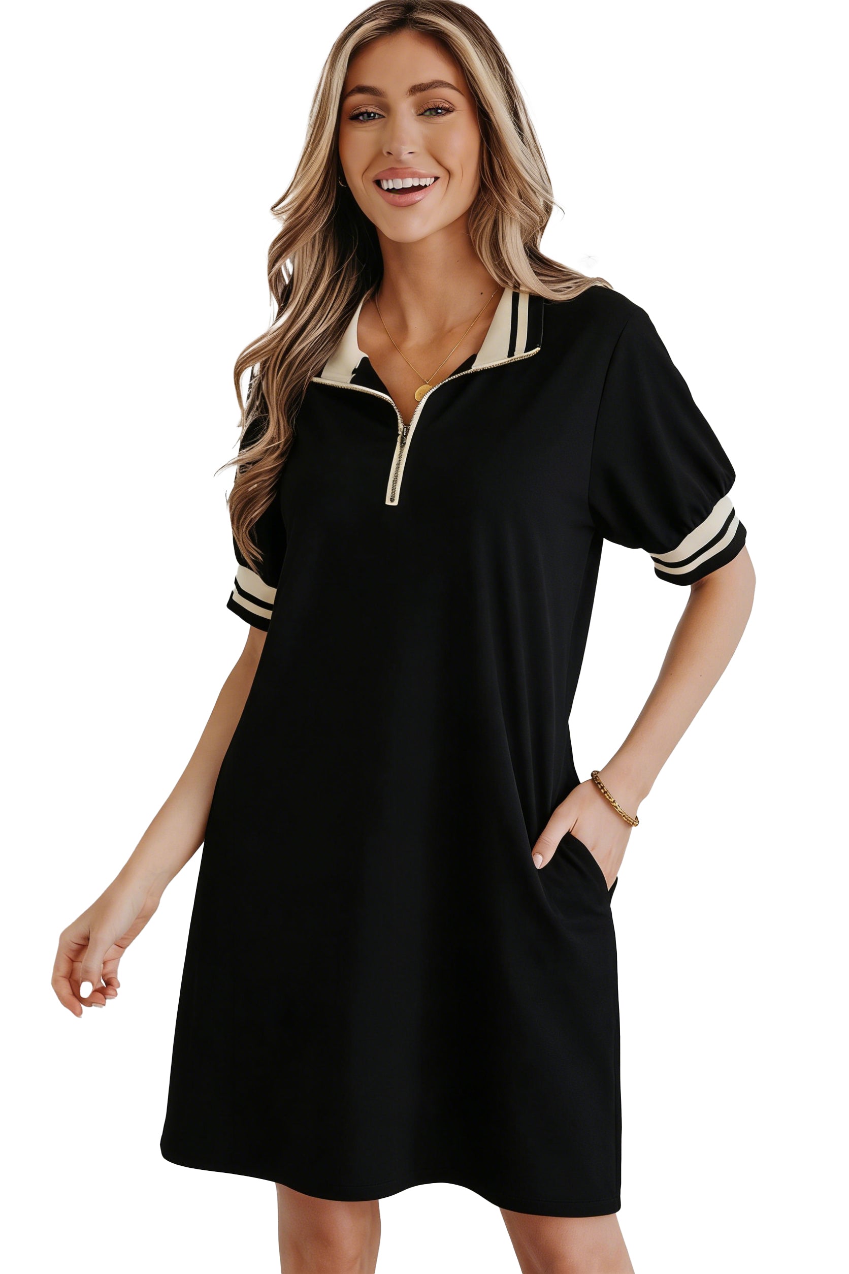 Black Striped Webbing Trim Preppy Polo Tee Dress 🇺🇸